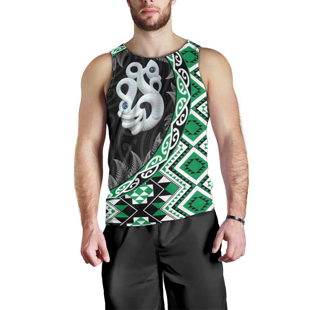 Green Taniko Motif Aotearoa Manaia and Silver Fern Men Tank Top