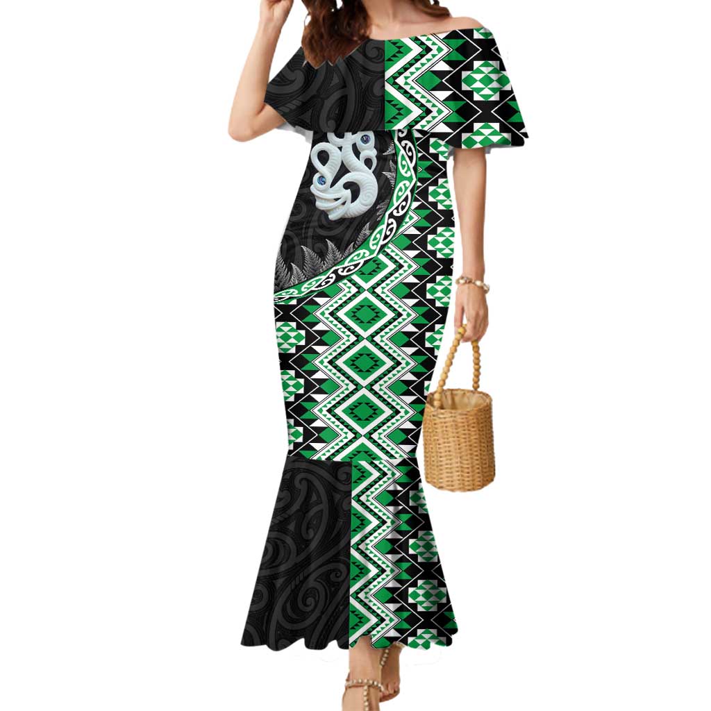 Green Taniko Motif Aotearoa Manaia and Silver Fern Mermaid Dress