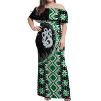 Green Taniko Motif Aotearoa Manaia and Silver Fern Off Shoulder Maxi Dress