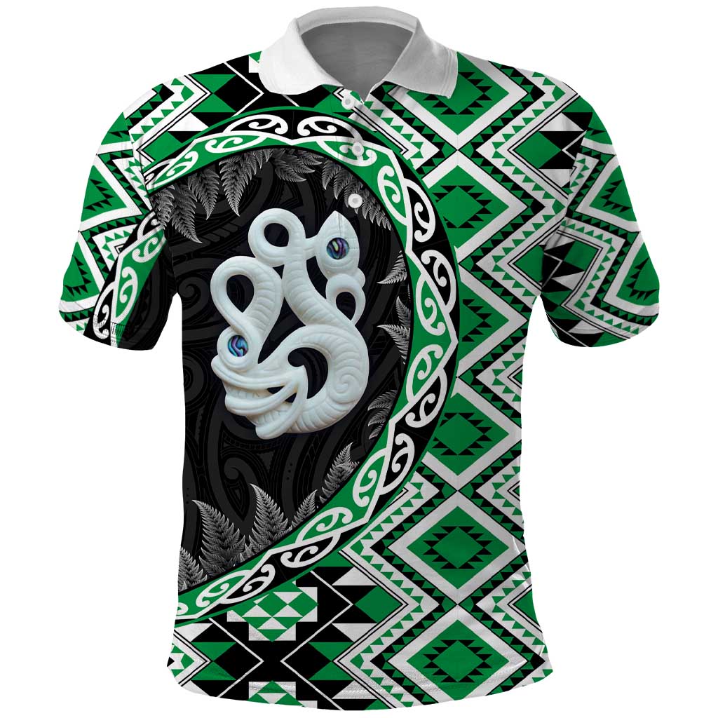 Green Taniko Motif Aotearoa Manaia and Silver Fern Polo Shirt