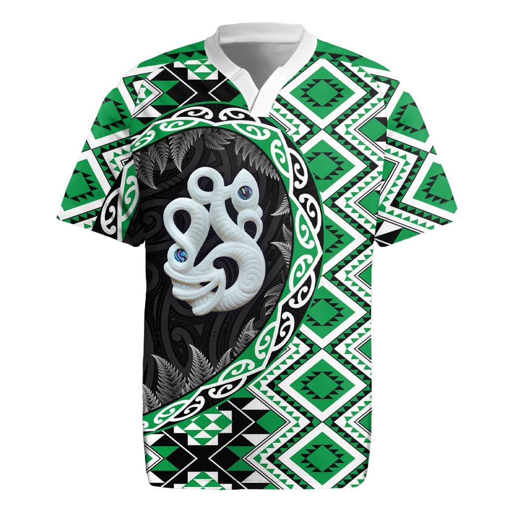 Green Taniko Motif Aotearoa Manaia and Silver Fern Rugby Jersey LT03 Green - Polynesian Pride