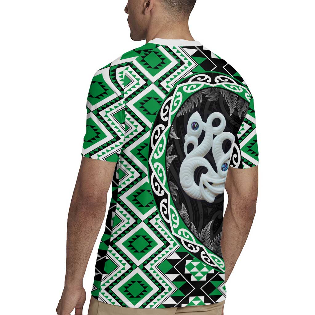 Green Taniko Motif Aotearoa Manaia and Silver Fern Rugby Jersey LT03 - Polynesian Pride
