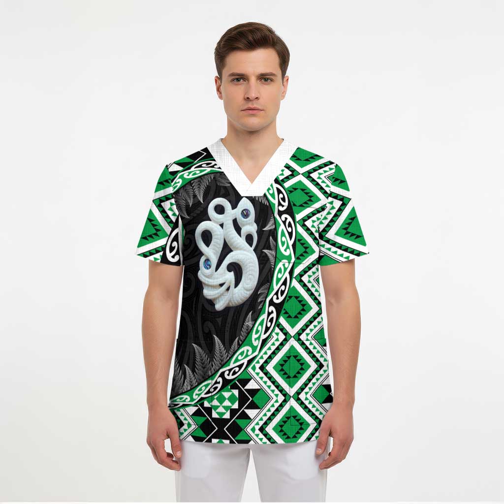 Green Taniko Motif Aotearoa Manaia and Silver Fern Scrub Top - Polynesian Pride
