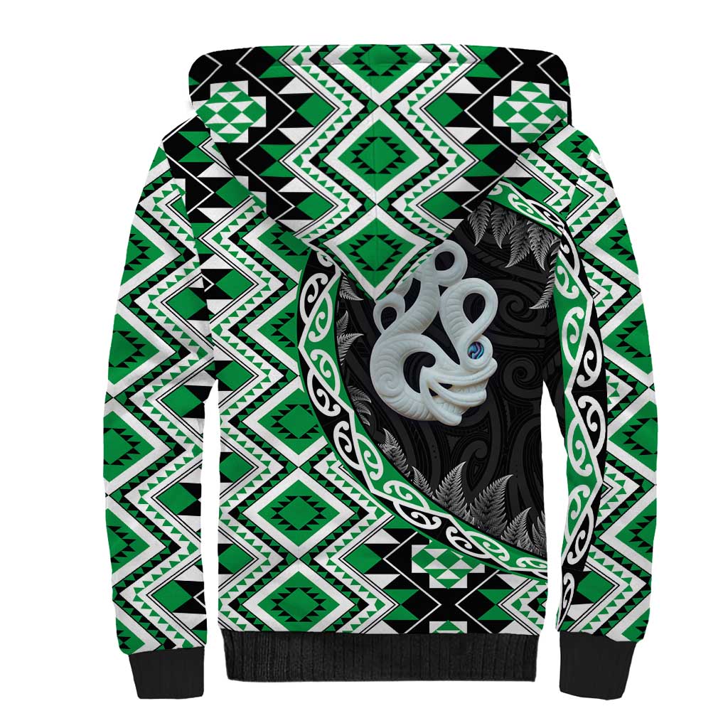 Green Taniko Motif Aotearoa Manaia and Silver Fern Sherpa Hoodie