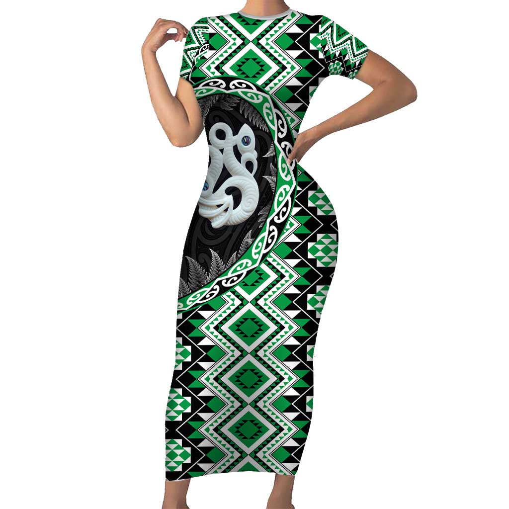 Green Taniko Motif Aotearoa Manaia and Silver Fern Short Sleeve Bodycon Dress