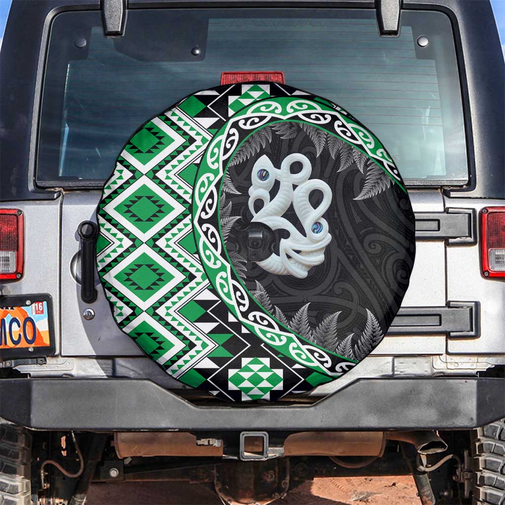 Green Taniko Motif Aotearoa Manaia and Silver Fern Spare Tire Cover