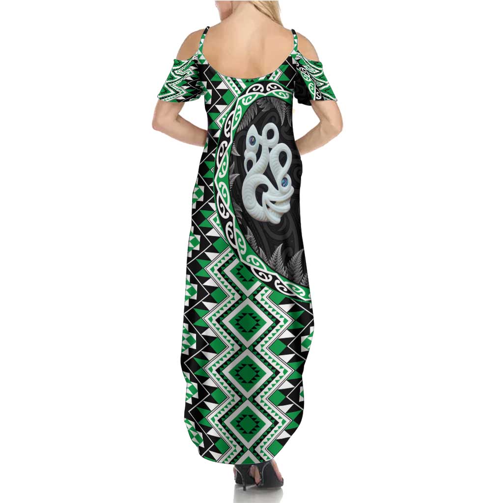 Green Taniko Motif Aotearoa Manaia and Silver Fern Summer Maxi Dress