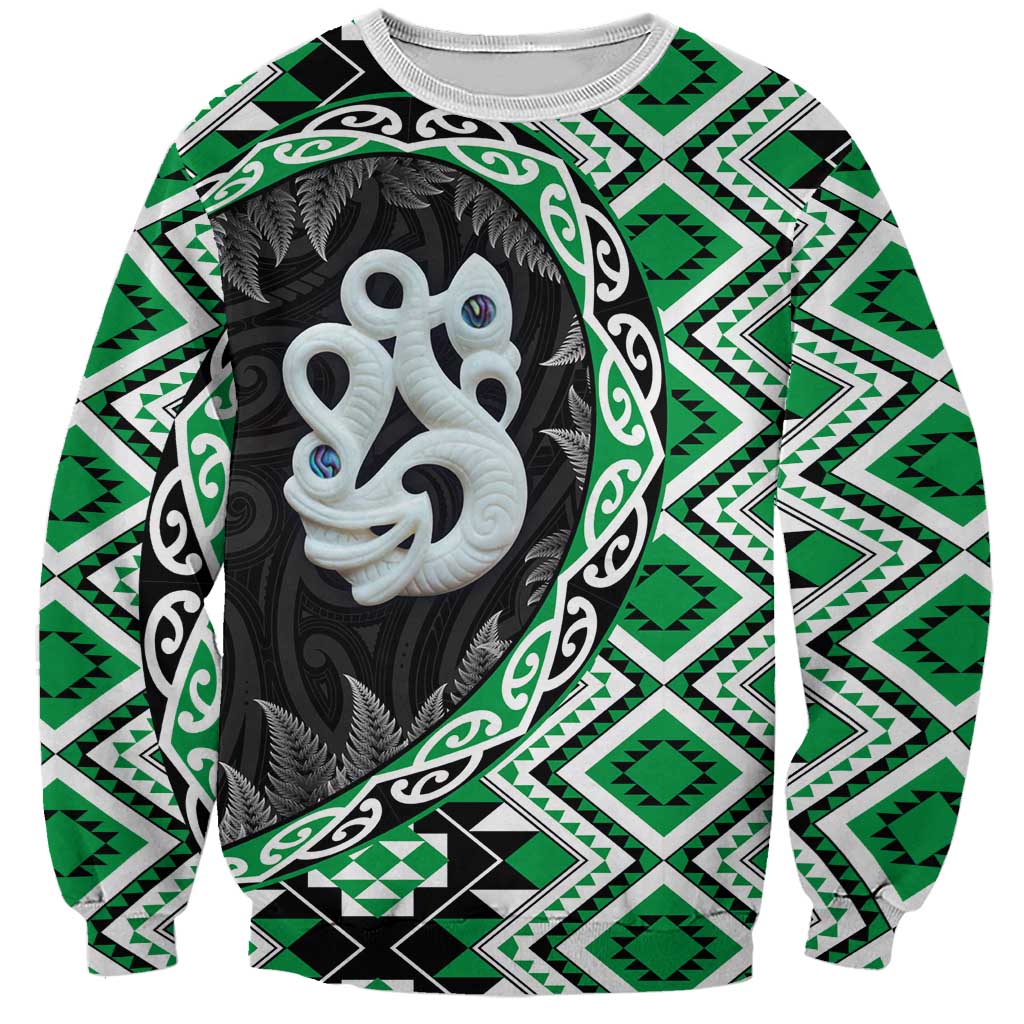 Green Taniko Motif Aotearoa Manaia and Silver Fern Sweatshirt LT03 Unisex Green - Polynesian Pride