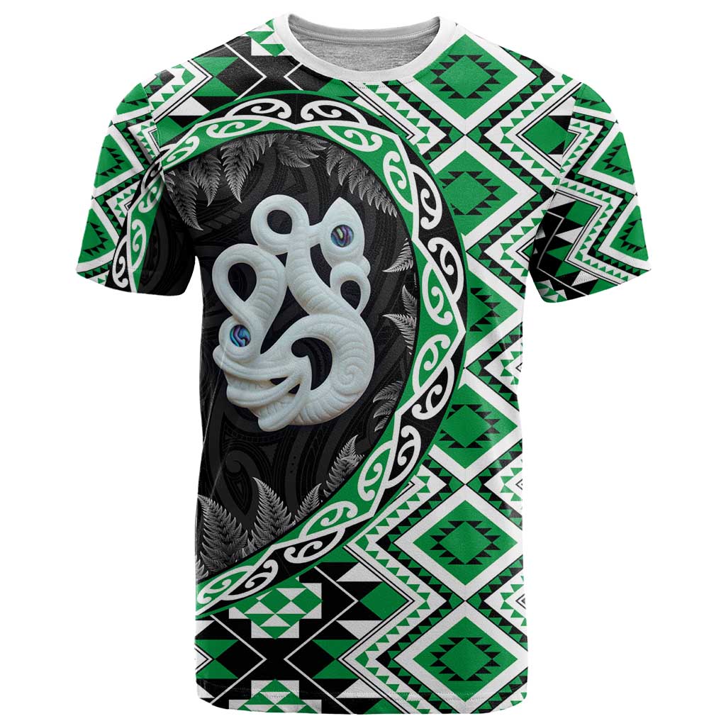 Green Taniko Motif Aotearoa Manaia and Silver Fern T Shirt LT03 Green - Polynesian Pride