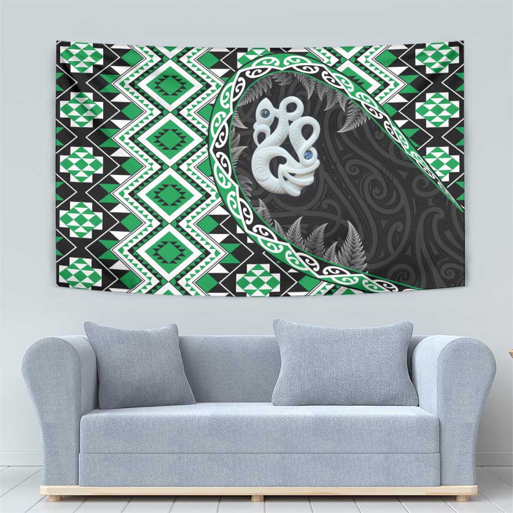 Green Taniko Motif Aotearoa Manaia and Silver Fern Tapestry