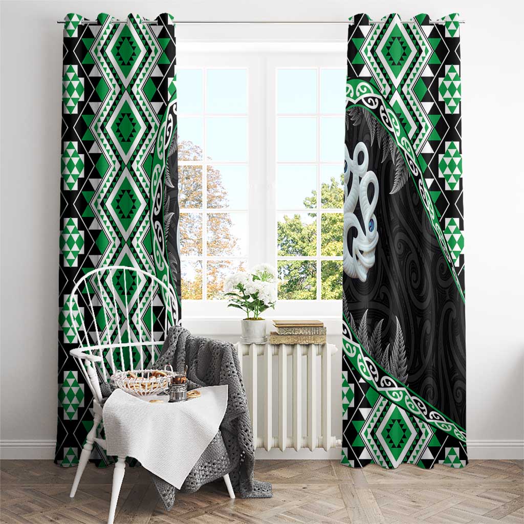 Green Taniko Motif Aotearoa Manaia and Silver Fern Window Curtain