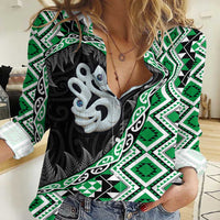 Green Taniko Motif Aotearoa Manaia and Silver Fern Women Casual Shirt LT03 Female Green - Polynesian Pride