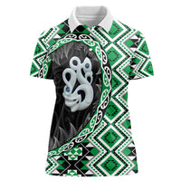 Green Taniko Motif Aotearoa Manaia and Silver Fern Women Polo Shirt