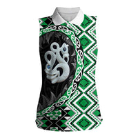 Green Taniko Motif Aotearoa Manaia and Silver Fern Women Sleeveless Polo Shirt LT03 Female Green - Polynesian Pride