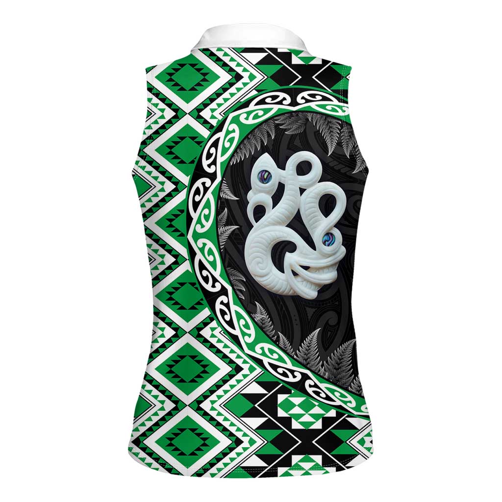 Green Taniko Motif Aotearoa Manaia and Silver Fern Women Sleeveless Polo Shirt LT03 - Polynesian Pride