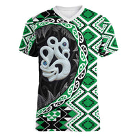 Green Taniko Motif Aotearoa Manaia and Silver Fern Women V-Neck T-Shirt LT03 Female Green - Polynesian Pride
