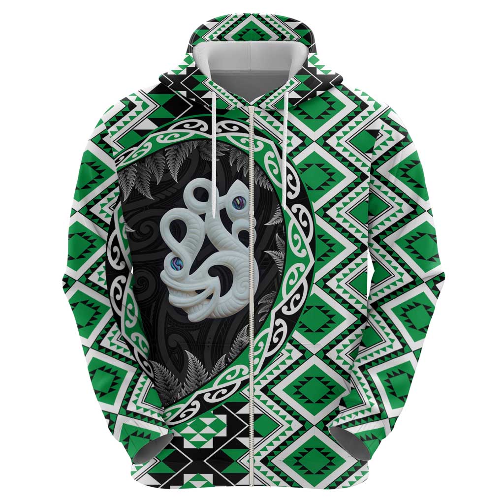 Green Taniko Motif Aotearoa Manaia and Silver Fern Zip Hoodie