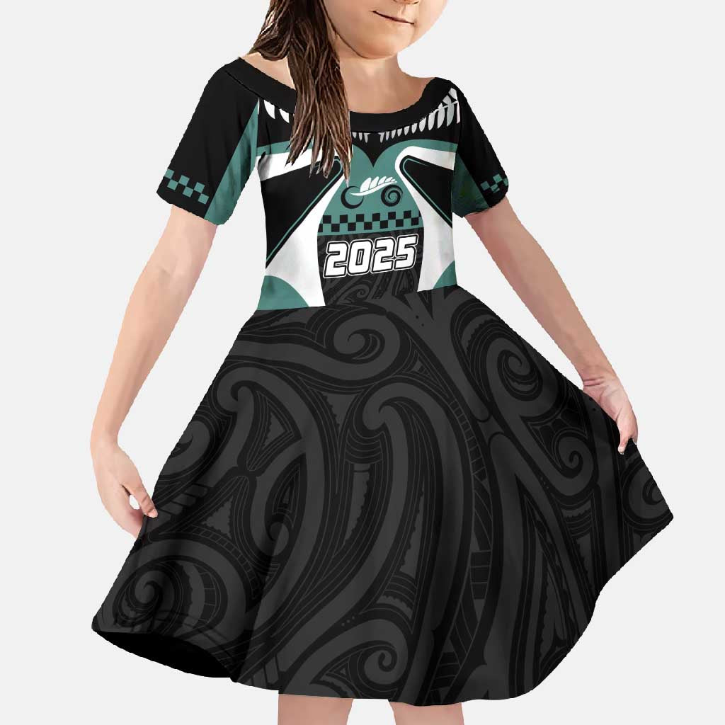 Custom New Zealand Bicycle 2025 Family Matching Short Sleeve Bodycon Dress and Hawaiian Shirt LT03 Daughter's Dress Black-Teal - Polynesian Pride