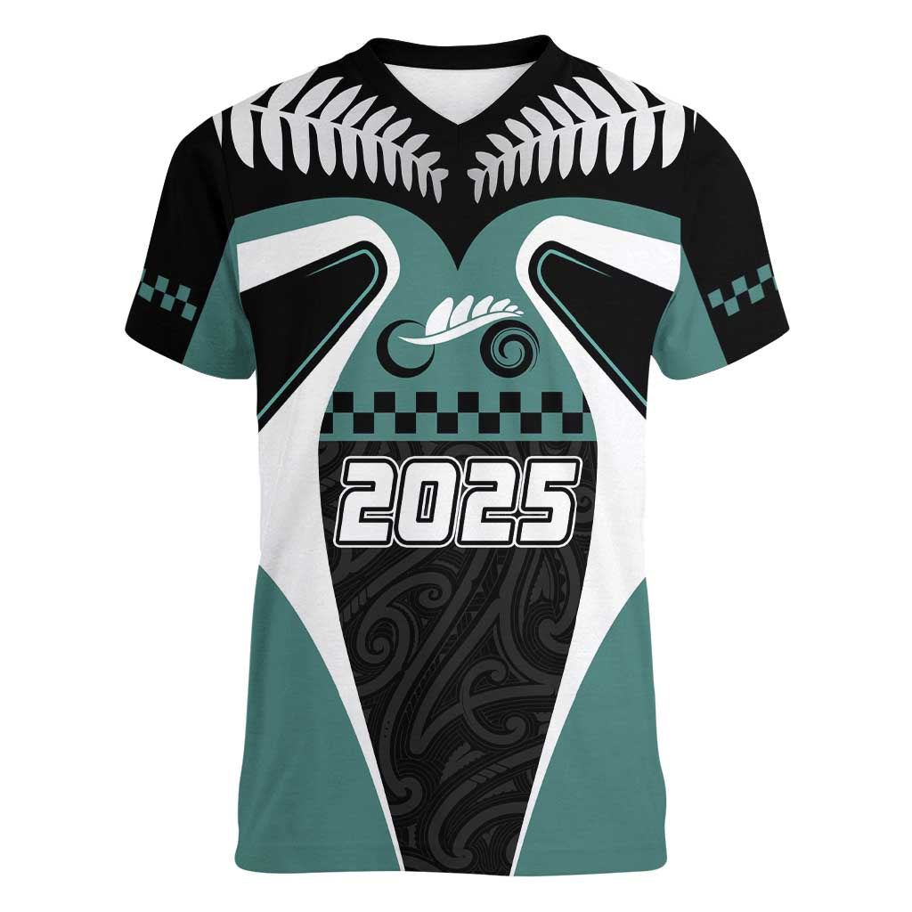 Custom New Zealand Bicycle 2025 Women V-Neck T-Shirt LT03 Female Black-Teal - Polynesian Pride
