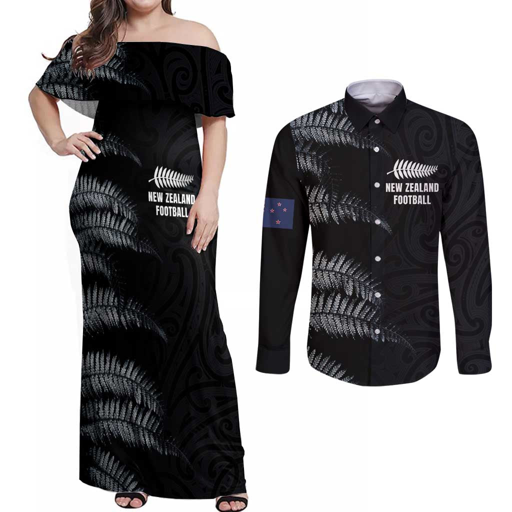 Custom New Zealand Football-Towards World Cup 2026 Couples Matching Off Shoulder Maxi Dress and Long Sleeve Button Shirt