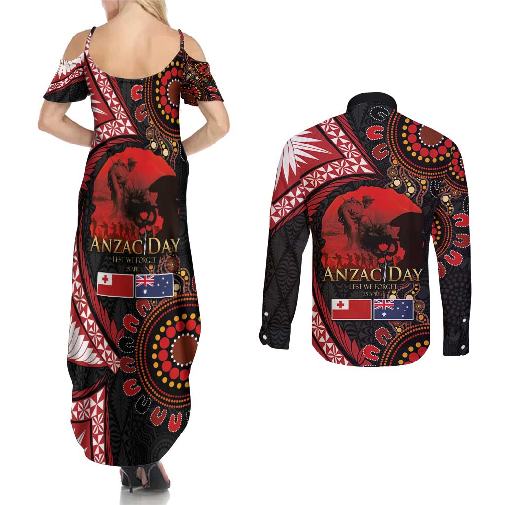 Tonga and Australia ANZAC Day Couples Matching Summer Maxi Dress and Long Sleeve Button Shirt Aboriginal and Ngatu Art Pattern - Gallipoli Lest We Forget