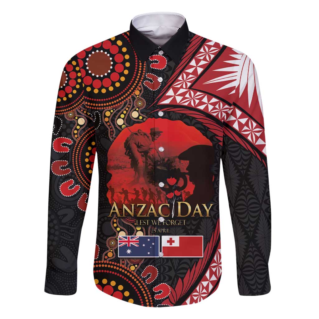Tonga and Australia ANZAC Day Family Matching Short Sleeve Bodycon Dress and Hawaiian Shirt Aboriginal and Ngatu Art Pattern - Gallipoli Lest We Forget