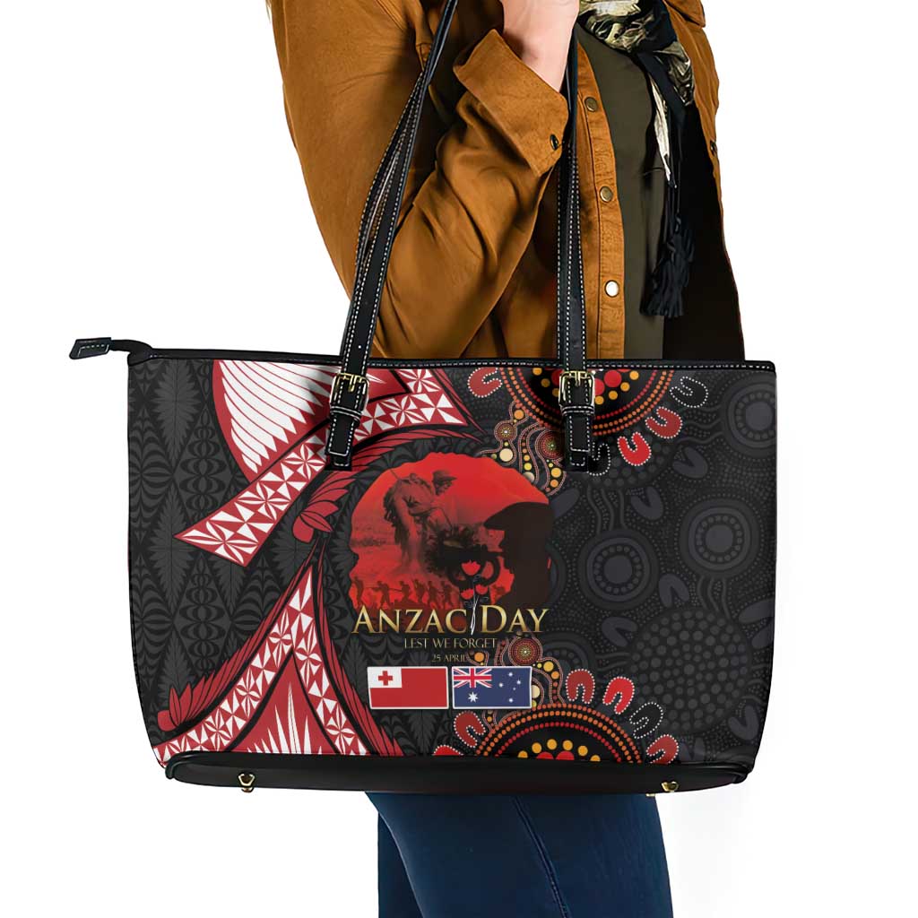 Tonga and Australia ANZAC Day Leather Tote Bag Aboriginal and Ngatu Art Pattern - Gallipoli Lest We Forget