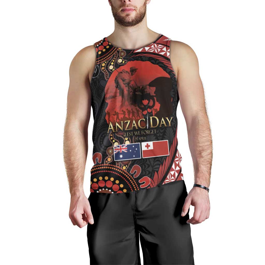 Tonga and Australia ANZAC Day Men Tank Top Aboriginal and Ngatu Art Pattern - Gallipoli Lest We Forget