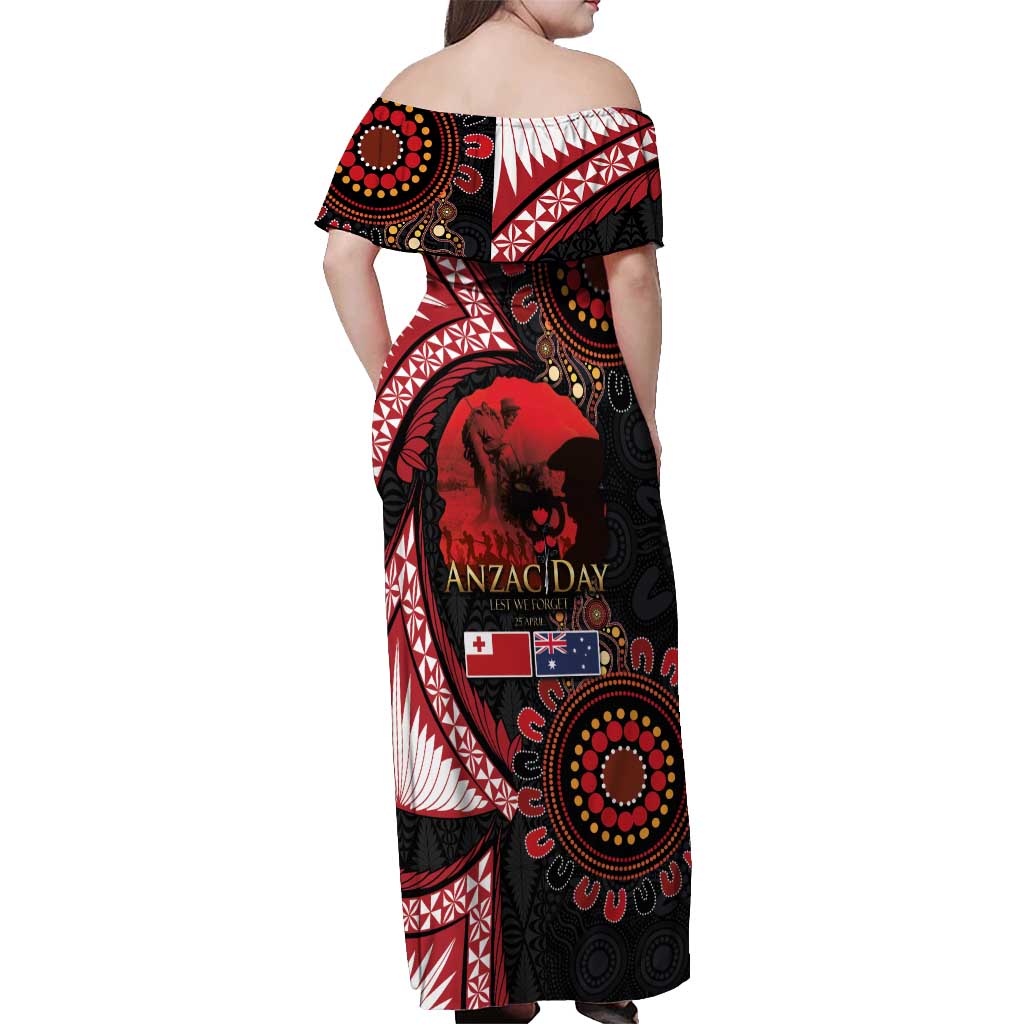 Tonga and Australia ANZAC Day Off Shoulder Maxi Dress Aboriginal and Ngatu Art Pattern - Gallipoli Lest We Forget