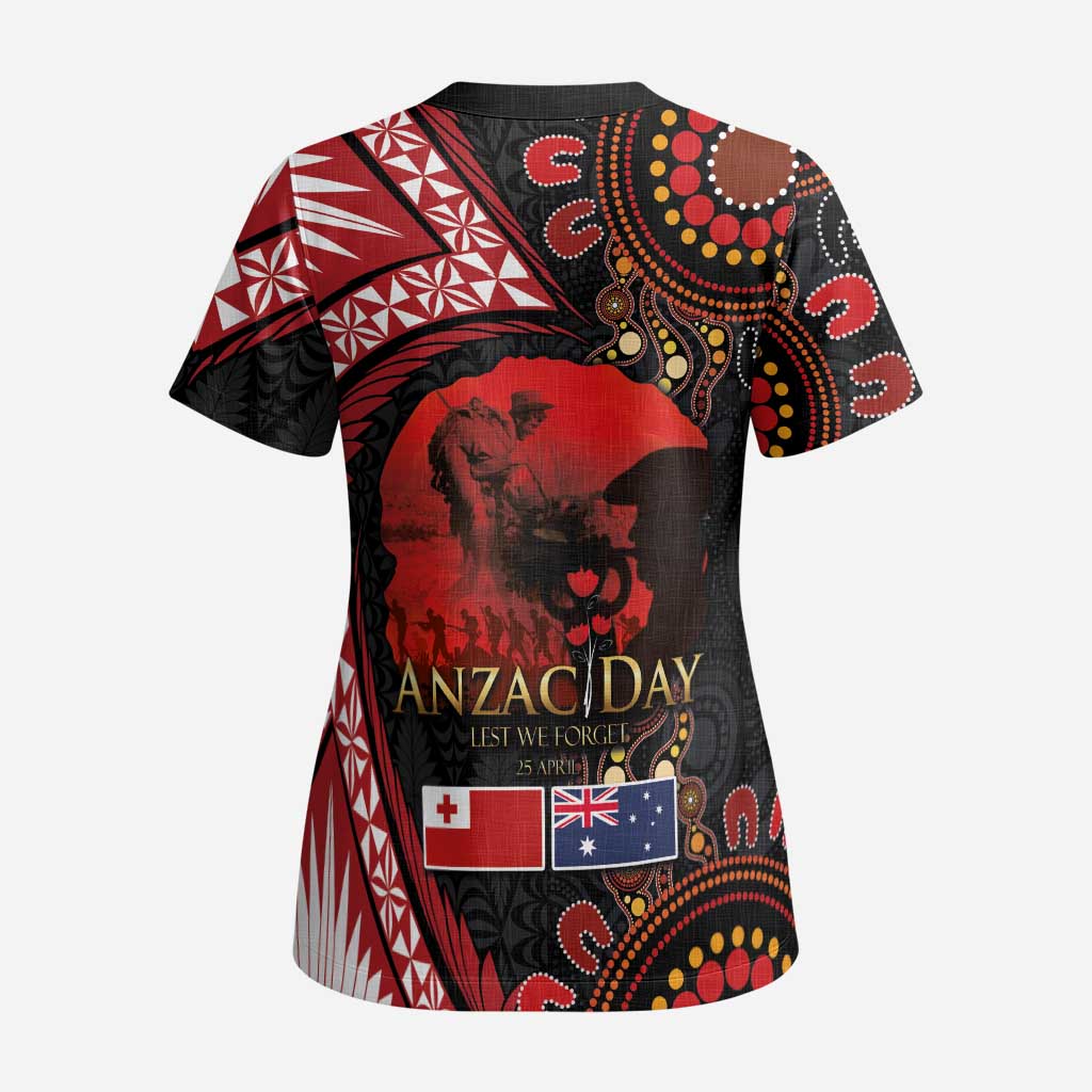 Tonga and Australia ANZAC Day Scrub Top Aboriginal and Ngatu Art Pattern - Gallipoli Lest We Forget - Polynesian Pride
