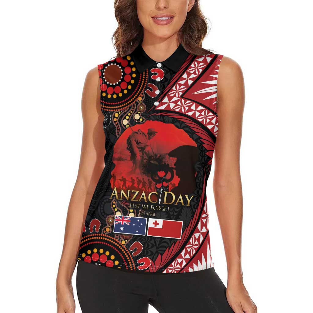 Tonga and Australia ANZAC Day Women Sleeveless Polo Shirt Aboriginal and Ngatu Art Pattern - Gallipoli Lest We Forget
