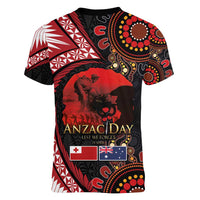 Tonga and Australia ANZAC Day Women V-Neck T-Shirt Aboriginal and Ngatu Art Pattern - Gallipoli Lest We Forget