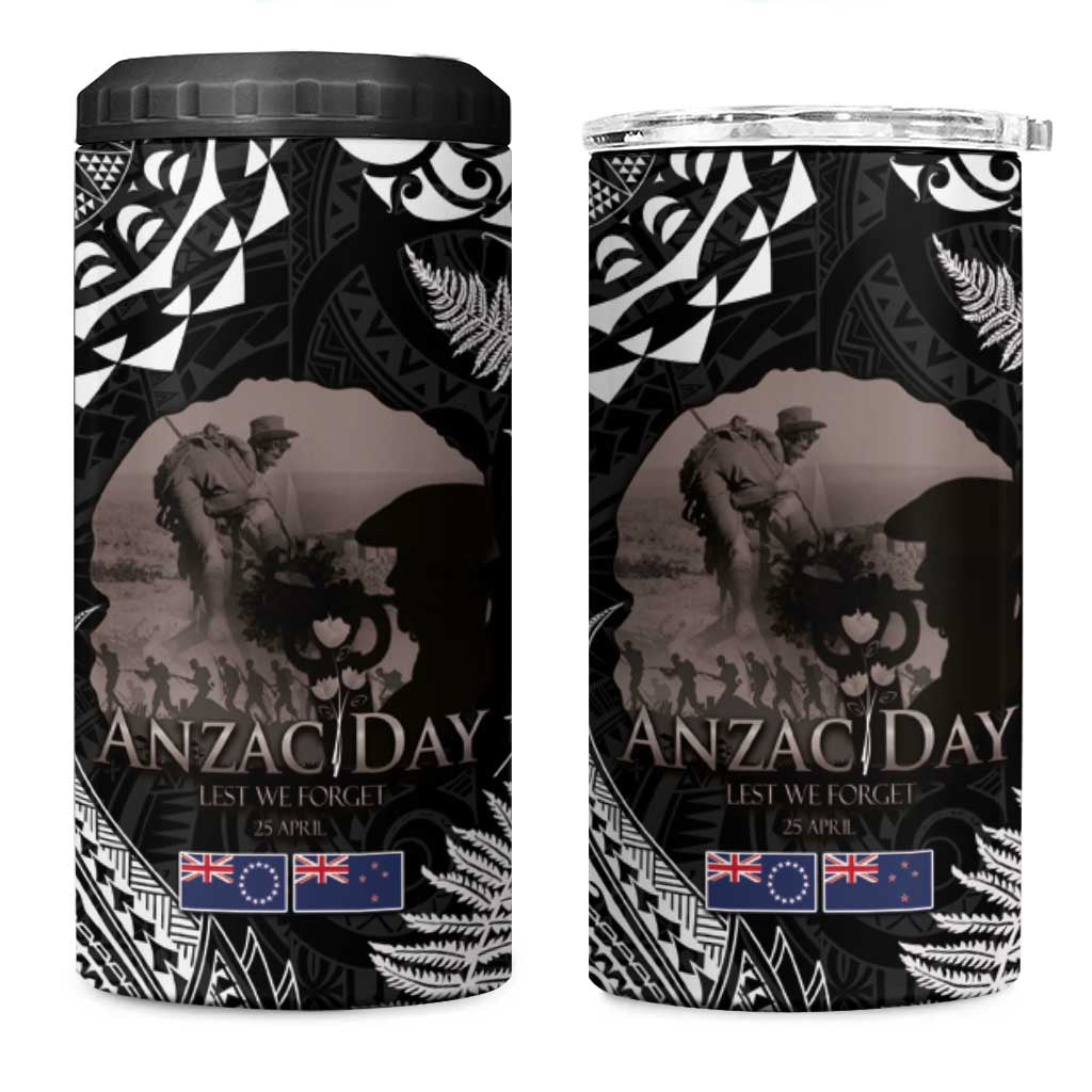 New Zealand and Cook Islands ANZAC Day 4 in 1 Can Cooler Tumbler Gallipoli Lest We Forget Tatau Art Tribal and Maori Tattoo with Fern LT03 One Size: 16 oz Black - Polynesian Pride