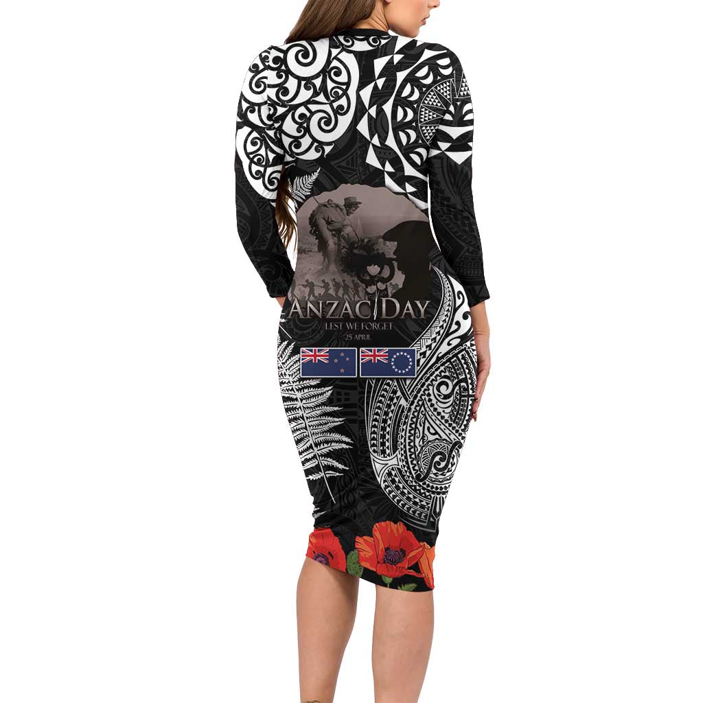 New Zealand and Cook Islands ANZAC Day Family Matching Long Sleeve Bodycon Dress and Hawaiian Shirt Gallipoli Lest We Forget Tatau Art Tribal and Maori Tattoo with Fern