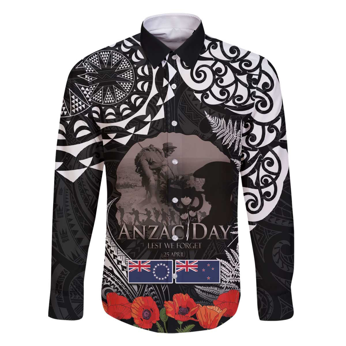 New Zealand and Cook Islands ANZAC Day Family Matching Off The Shoulder Long Sleeve Dress and Hawaiian Shirt Gallipoli Lest We Forget Tatau Art Tribal and Maori Tattoo with Fern