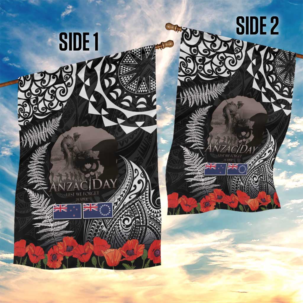 New Zealand and Cook Islands ANZAC Day Garden Flag Gallipoli Lest We Forget Tatau Art Tribal and Maori Tattoo with Fern