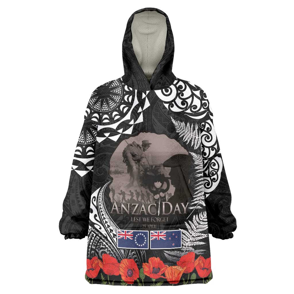 New Zealand and Cook Islands ANZAC Day Wearable Blanket Hoodie Gallipoli Lest We Forget Tatau Art Tribal and Maori Tattoo with Fern LT03 One Size Black - Polynesian Pride
