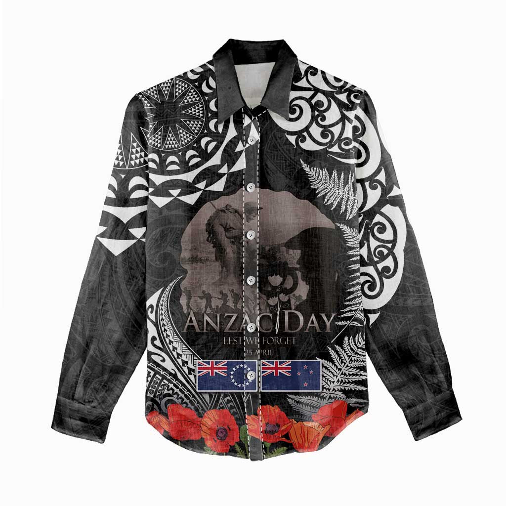 New Zealand and Cook Islands ANZAC Day Women Casual Shirt Gallipoli Lest We Forget Tatau Art Tribal and Maori Tattoo with Fern LT03 - Polynesian Pride