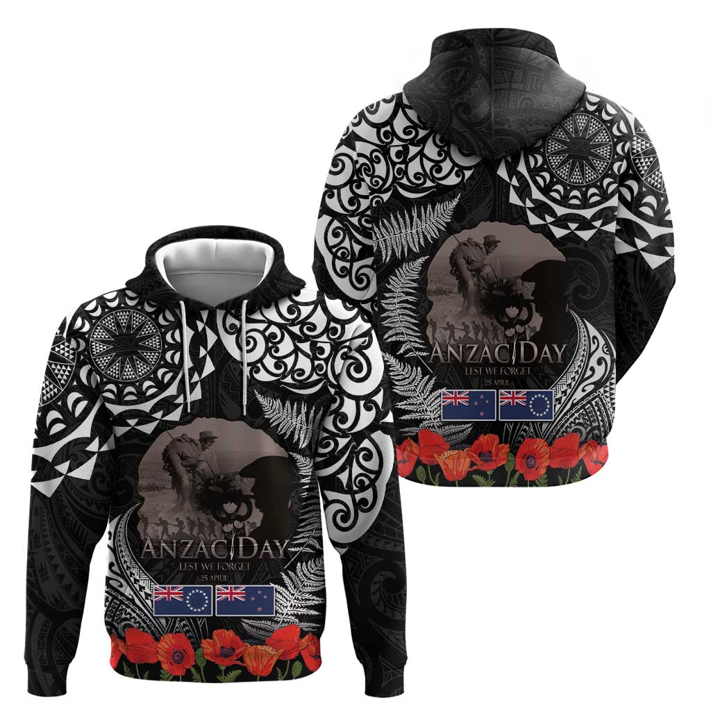 New Zealand and Cook Islands ANZAC Day Zip Hoodie Gallipoli Lest We Forget Tatau Art Tribal and Maori Tattoo with Fern