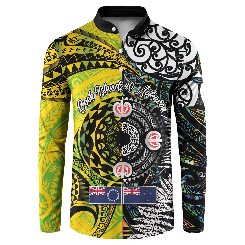 New Zealand and Cook Islands Together Button Sweatshirt Tatau Art Tribal Pattern-Maori Tattoo with Fern and Paua Shell