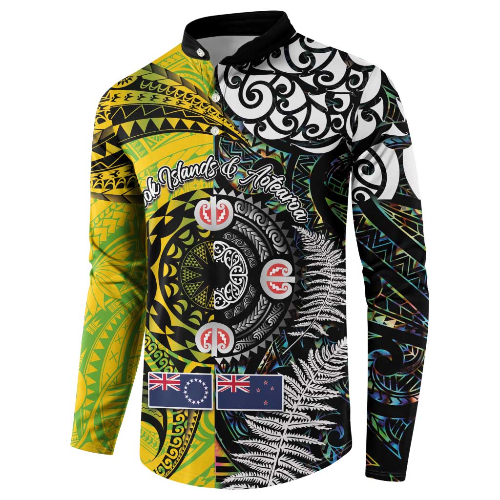New Zealand and Cook Islands Together Button Sweatshirt Tatau Art Tribal Pattern-Maori Tattoo with Fern and Paua Shell