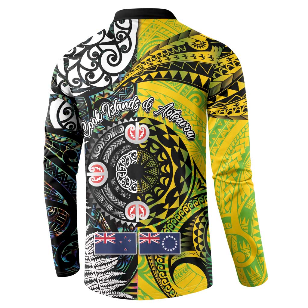 New Zealand and Cook Islands Together Button Sweatshirt Tatau Art Tribal Pattern-Maori Tattoo with Fern and Paua Shell