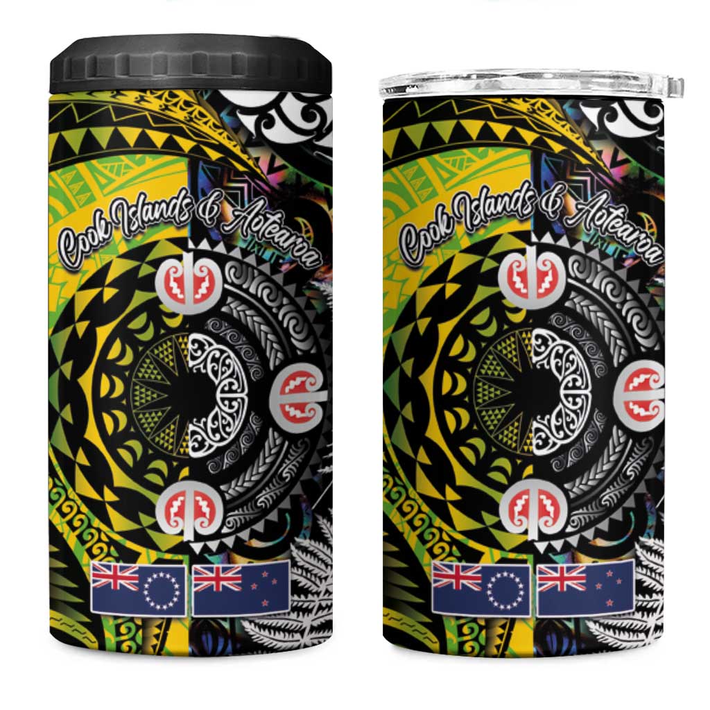 New Zealand and Cook Islands Together 4 in 1 Can Cooler Tumbler Tatau Art Tribal Pattern-Maori Tattoo with Fern and Paua Shell