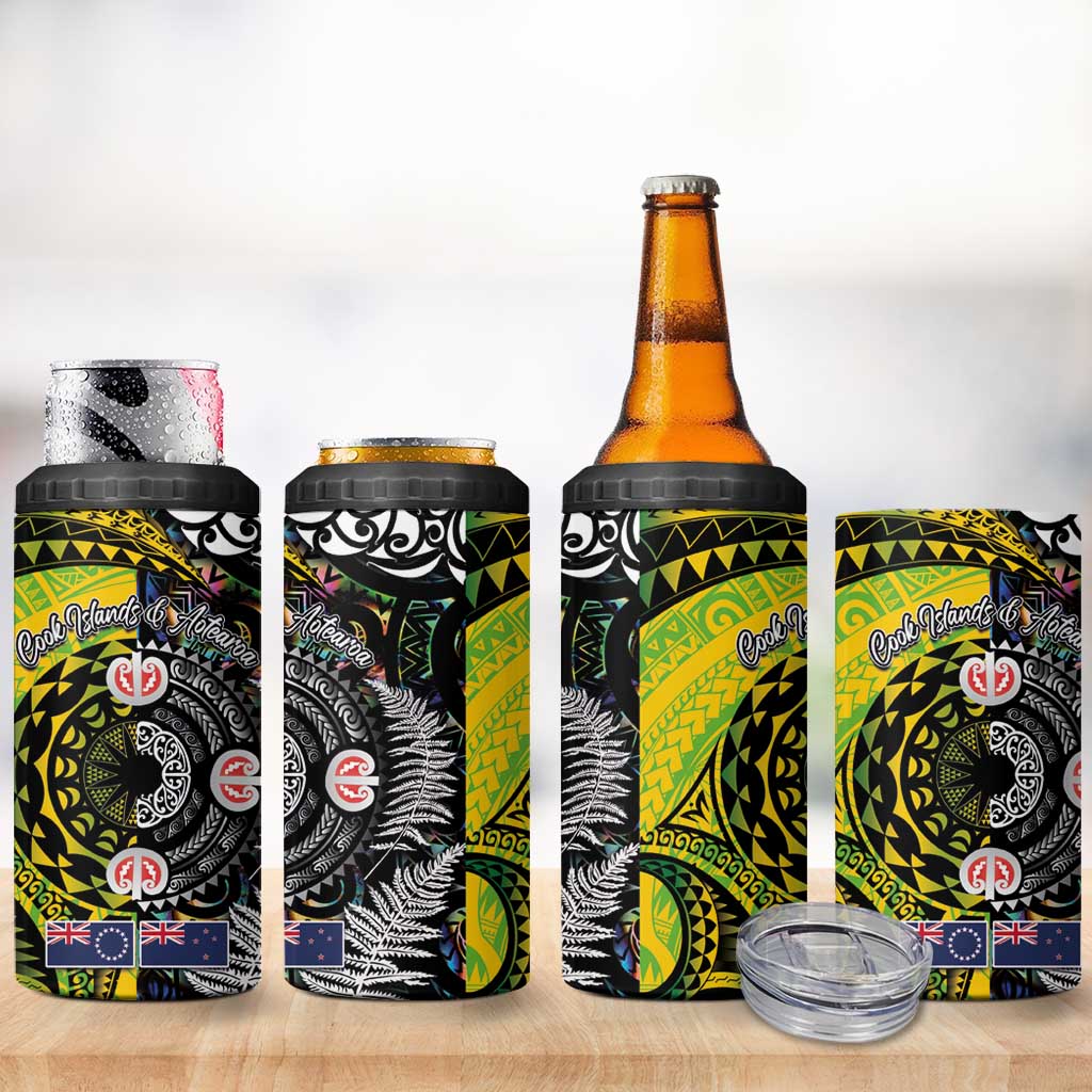 New Zealand and Cook Islands Together 4 in 1 Can Cooler Tumbler Tatau Art Tribal Pattern-Maori Tattoo with Fern and Paua Shell LT03 - Polynesian Pride