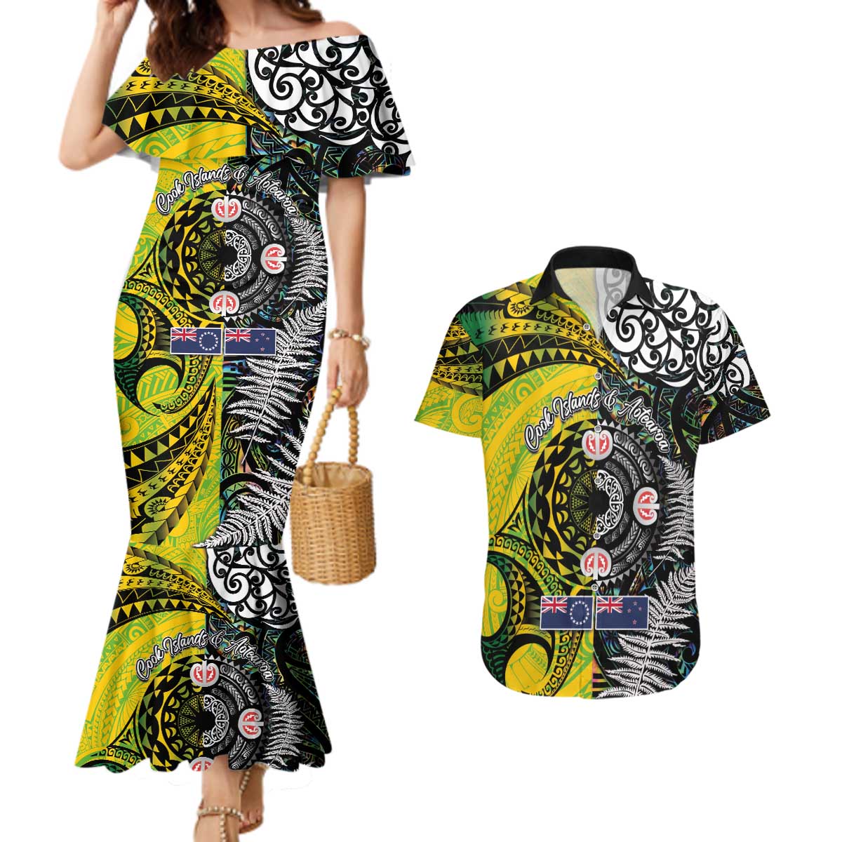 New Zealand and Cook Islands Together Couples Matching Mermaid Dress and Hawaiian Shirt Tatau Art Tribal Pattern-Maori Tattoo with Fern and Paua Shell