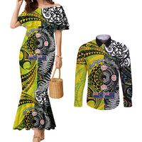 New Zealand and Cook Islands Together Couples Matching Mermaid Dress and Long Sleeve Button Shirt Tatau Art Tribal Pattern-Maori Tattoo with Fern and Paua Shell