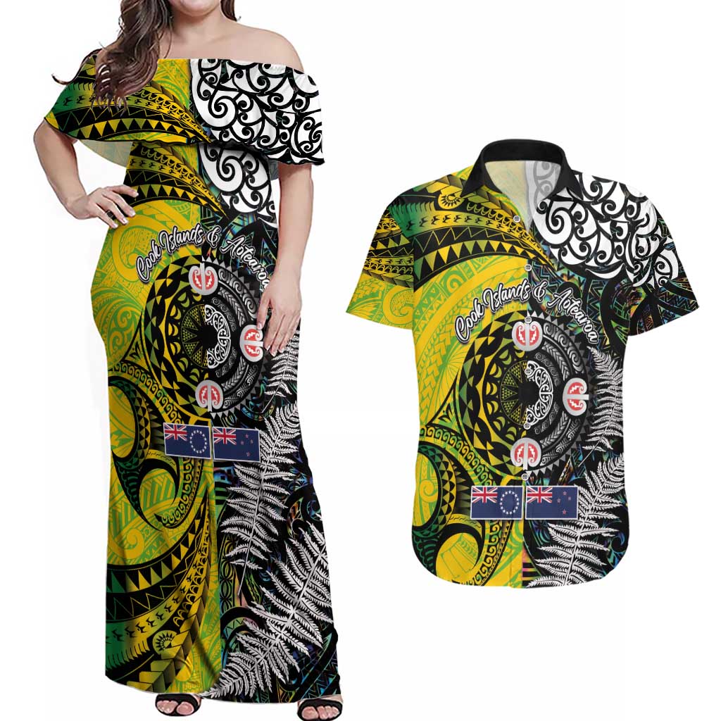 New Zealand and Cook Islands Together Couples Matching Off Shoulder Maxi Dress and Hawaiian Shirt Tatau Art Tribal Pattern-Maori Tattoo with Fern and Paua Shell
