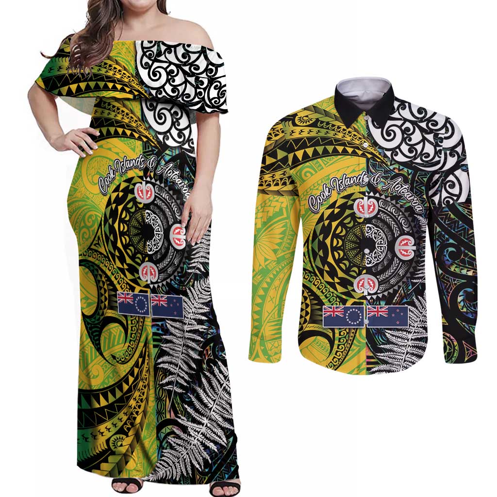 New Zealand and Cook Islands Together Couples Matching Off Shoulder Maxi Dress and Long Sleeve Button Shirt Tatau Art Tribal Pattern-Maori Tattoo with Fern and Paua Shell