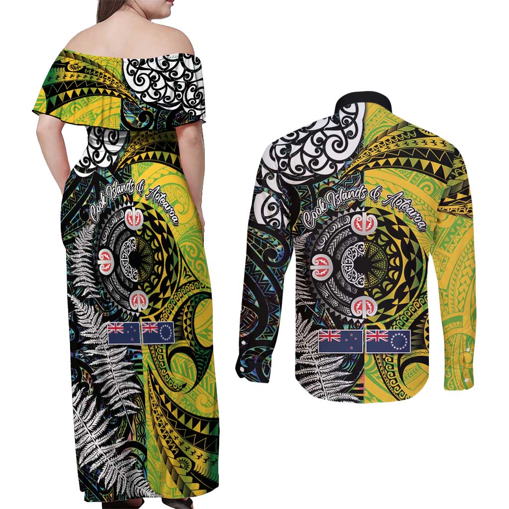 New Zealand and Cook Islands Together Couples Matching Off Shoulder Maxi Dress and Long Sleeve Button Shirt Tatau Art Tribal Pattern-Maori Tattoo with Fern and Paua Shell