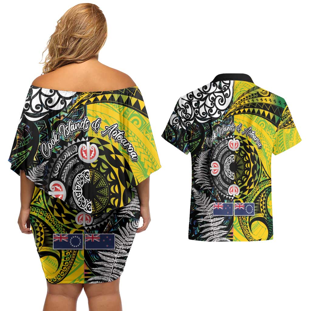 New Zealand and Cook Islands Together Couples Matching Off Shoulder Short Dress and Hawaiian Shirt Tatau Art Tribal Pattern-Maori Tattoo with Fern and Paua Shell